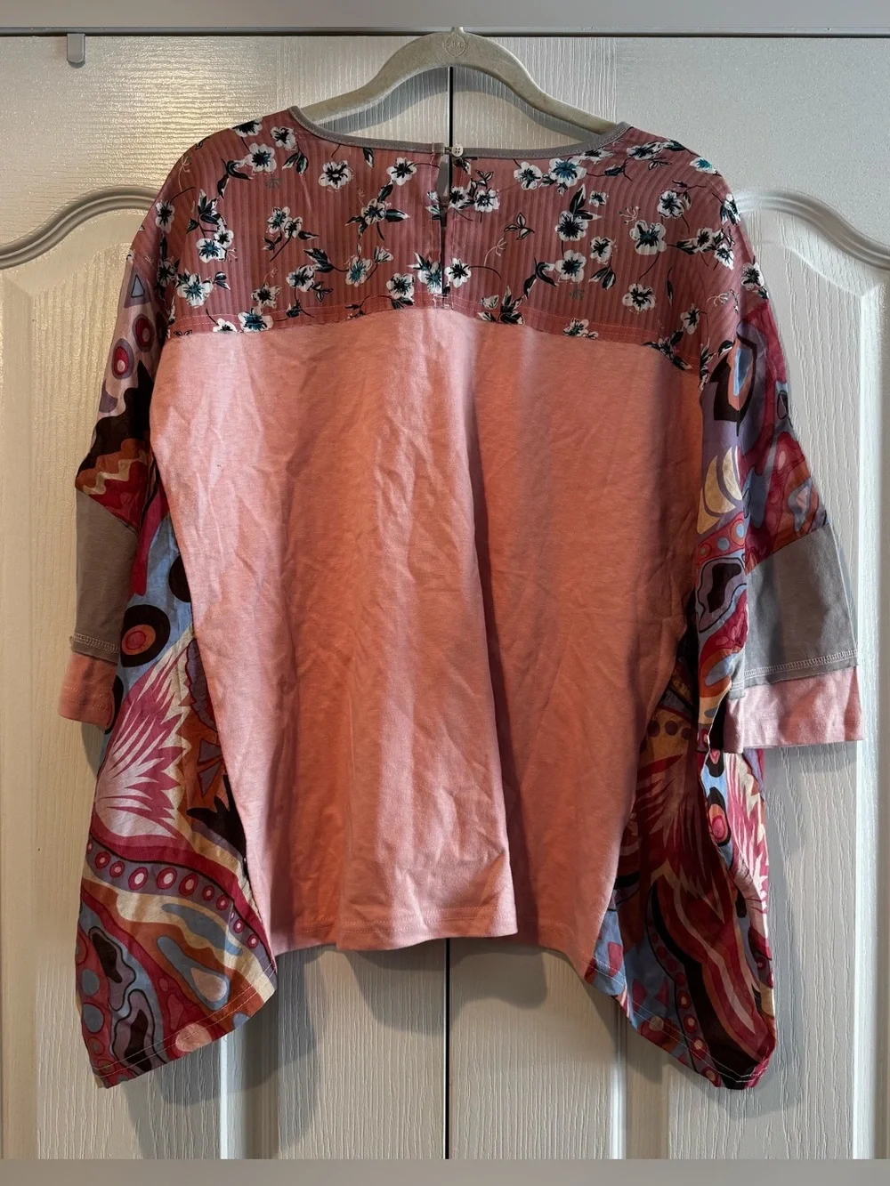 Easel Oversized Pink Patchwork Short Sleeve Blouse - Size M